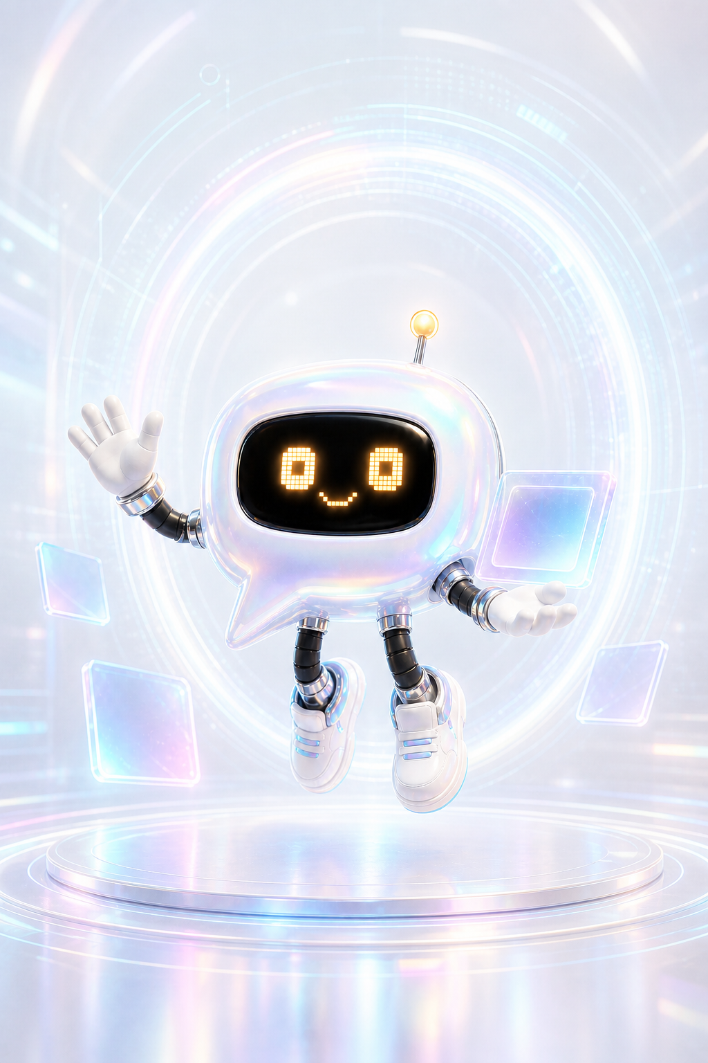 Bo, the pearl-white holographic Booyah concierge robot, waving